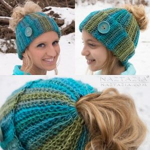 Free Crochet Pattern - Ribbed Messy Bun Hat by Naztazia Messy Bun Hat Crochet Pattern, Bun Hat Crochet Pattern, Crochet Bun Hat, Ponytail Hat Crochet, Messy Bun Hat Crochet, Crochet Messy Bun, Messy Bun Hat, Bun Hat, Bonnet Crochet