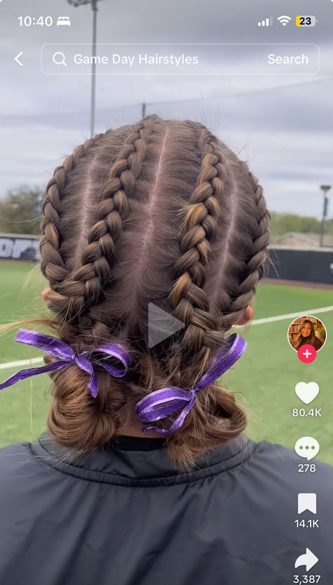 Race Day Braids, Girls Wrestling Hairstyles, Guard Hairstyles, Xc Hairstyles, Lax Hairstyles, Wrestling Hairstyles, Cherry Red Highlights, Color Guard Hair, Cool Brown Hair Color