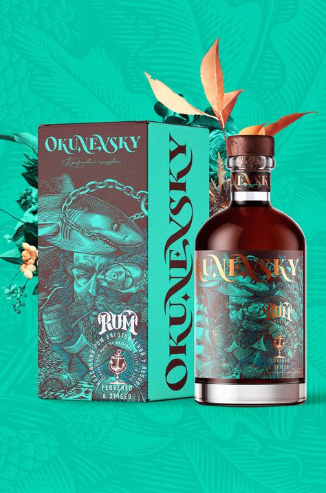 Okunevsky. Branding project for RUM. on Behance Rum Bottle Design, Liquor Branding, Whisky Packaging, Drink Display, Illustration Packaging, Vodka Brands, Rum Bottle, Bottle Design Packaging, Brand Presentation