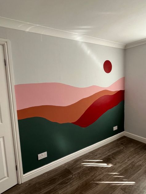 Bedroom feature wall mural of a sunset and mountains Diy Feature Wall Paint Bedroom, Mural For Bedroom Wall, Simple Paint Mural, Sunset Bedroom Walls, Mountain Sunset Wall Mural, Desert Sunset Wall Mural, Simple Bedroom Paint Ideas, Simple Mountain Mural Nursery, Feature Wall Painting