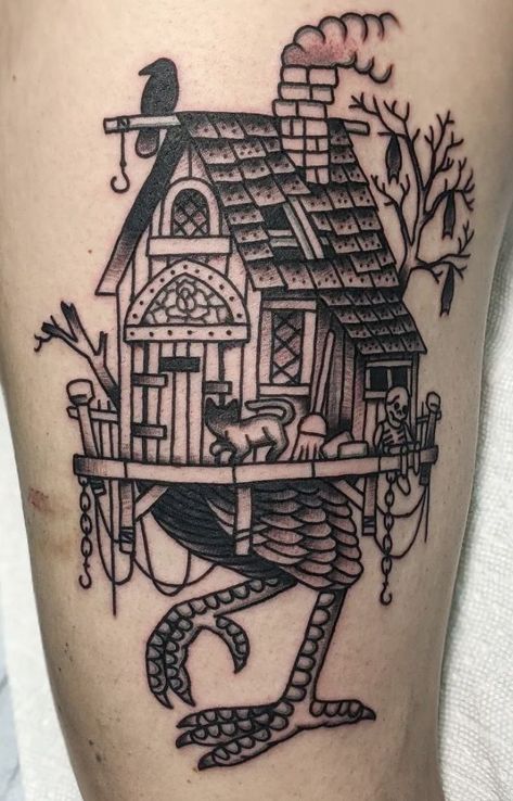 Folk Art Style Tattoo, Traditional House Tattoo, House Tattoo Traditional, Baba Yaga House Tattoo, Baba Yaga Tattoo, Baba Yaga House, Thigh Tattoo Ideas, House Tattoo, Traditional Tattoo Inspiration