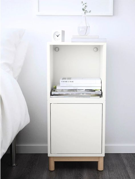 4 ways to use the EKET cube as a bedroom nightstand - IKEA Hackers Eket Ikea, Ikea Eket, Open Stairs, Small Bedside, Cabinet Fronts, Ikea Hackers, Modular Storage, Bedroom Night Stands, New Furniture