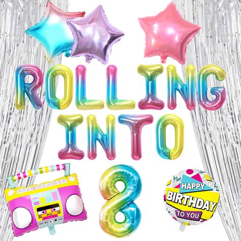 PRICES MAY VARY. Our Rolling into 8 Party Supplies set has it all to make this a big awesome day! This set of Lets Roll Skate Party Decoration can be use back to 90s party! You will get: 1 x Rolling into 8 Letter balloon, 1 x radio balloon, 3 x stars. 1 x foil balloon( detail please refer to the pictures). DIY your Rolling into 8 Birthday Decoration! Use our balloons and backdrop to celebrate your impressive moment! Our Rolling into 8 Party Supplies set has it all to make this a big awesome day! Roller Skating Party, Skating Party, 90s Party, Skate Party, Retro Theme, Birthday Decoration, Roller Skating, Party Balloons, Party Decoration