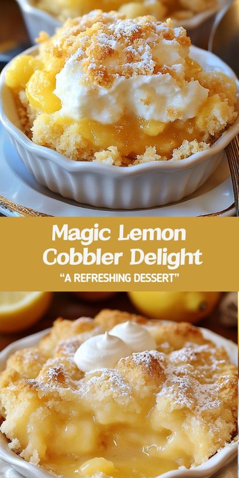 Magic Lemon Cobbler Delight is the perfect blend of tart and sweet, featuring a zesty lemon filling and buttery golden crust. Serve it warm with ice cream for a refreshing dessert that's easy to make and sure to impress.  Ingredients:  1/2 cup unsalted butter 1 cup all-purpose flour 1 1/2 cups granulated sugar, divided 1 tablespoon baking powder 1/4 teaspoon salt 1 cup milk 1/4 cup lemon juice Zest of 1 lemon 2 cups hot water What To Make With Fresh Lemons, Thanksgiving Lemon Desserts, Bonne Maman Lemon Curd Recipes, What Can I Make With Lemon Pie Filling, Fresh Lemon Recipes Desserts, Recipes To Use Lemon Curd, Winter Lemon Desserts, Lemon Curd Recipes Desserts, Lemon Cobbler Recipes