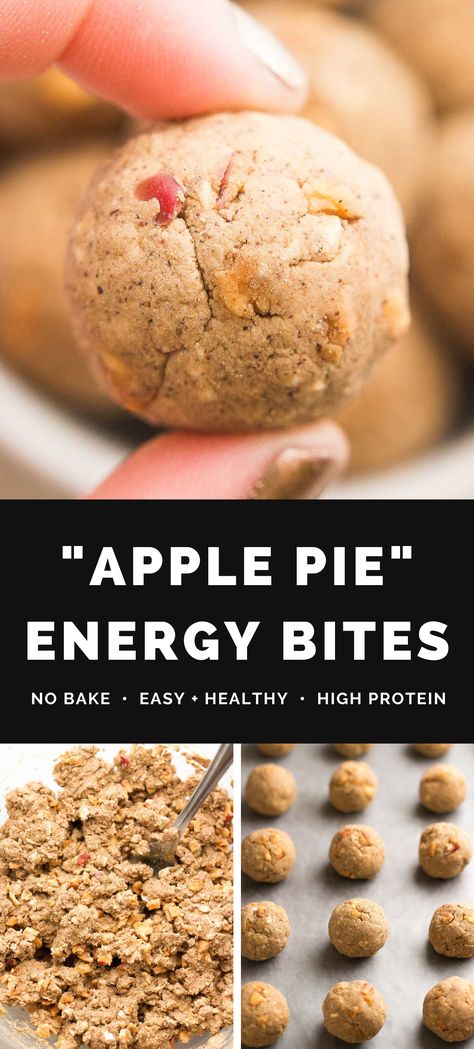 Apple Energy Bites, Protein Bites Recipe With Protein Powder, No Oats Energy Balls, Energy Balls No Nuts Protein Bites, High Protein No Bake Energy Balls, Healthy Apple Protein Recipes, Apple Sauce Protein Balls, Apple Pie Protein Balls, Healthy Cake Balls