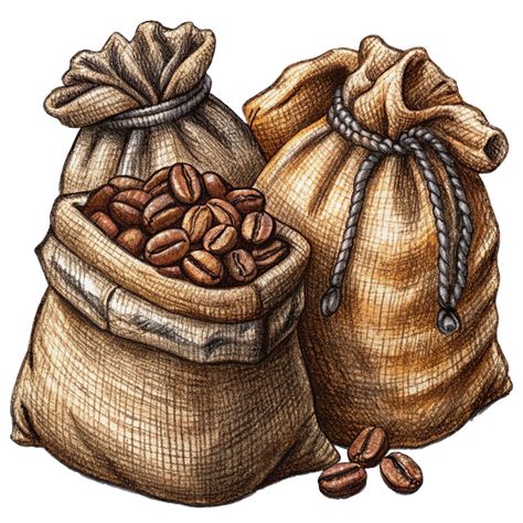 Image of Roasted Coffee Beans in Hemp Sacks Art Coffee Bean Cartoon, Coffee Bean Art, Coffee Poster Design, Whimsical Art Journal, Bean Plant, Coffee Jars, Creative Bookmarks, Coffee Drawing, Roasted Coffee Beans