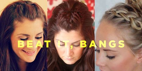 hairstyles to keep bangs out of face | Women's Health Growing Out Highlights, Ways To Style Your Bangs, Pull Back Bangs, Beautiful Braided Hairstyles, Bangs Updo, Style Bangs, Bangs Back, Growing Out Bangs, Breaking Hair