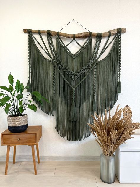 Extra large khaki macrame wall hanging decor can be an unique addition to any room in your house, or a great gift. The wall hanging will make your bedroom, living room or nursery cozy and homely This macrame backdrop will also be perfect for a wedding arch or boho wedding photo zone The item is made of twisted cotton cord (diameter of 5 mm) Natural material Before making this macrame I'll send you pictures of pieces of wood for choosing Size 58x61 inches (148x155 cm)  Custom orders are welcome I Macrame Wall Hanging For Bedroom, Coloured Macrame Wall Hangings, Giant Macrame Wall Hanging, Big Wall Decor Ideas Bedroom, Macrame Patterns Tutorials Wall Hangings, Unique Macrame Ideas, Big Macrame Wall Hanging, Macrame Wall Hanging Pattern Free, Bedroom Macrame Wall Hanging