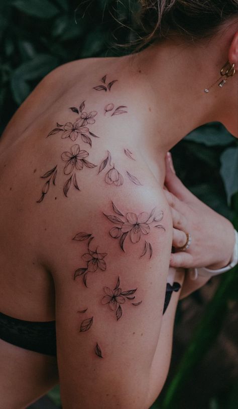 Snowball Flower Tattoo, Linework Sleeve Women, Shoulder Tattoo Cherry Blossom, Dogwood Tree Tattoos For Women, Cherry Blossom Tattoo Sleeve Woman, Cherrybloom Tattoo, Flower Linework Tattoo, Japanese Cherry Blossom Tattoo Shoulder, Swaggy Tattoos