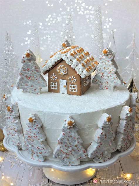 winter wonderland holiday spice cake, beautiful elegant Christmas cake, show stopping centerpiece cake for Christmas party, gingerbread house Christmas cake, mini gingerbread house Little Debbie winter tree cake, winter tree cake, snow scene cake, winter snowy cake, sparkling snow cake, white and gold cake, easy simple to make cake fast to create Christmas Loaf, Cake Winter, Snow Cake, Xmas Village, Winter Wonderland Cake, Christmas Cakes Easy, Cake Beautiful, Mini Gingerbread House, Sparkling Snow