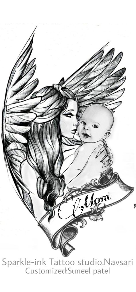 Customized:Suneel patel Angel Mom Tattoo, Mom Dad Tattoo, Mom Dad Tattoo Designs, Cosmic Tattoo, Mother Daughter Art, Sketch Style Tattoos, Design Tattoos, Mom Tattoo Designs, Armband Tattoo Design