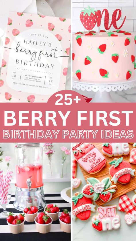 Celebrate your little one's first birthday with the sweetest berry-themed bash! Explore adorable First Birthday Party Ideas for a girl, featuring summer vibes and Strawberry Party decor. From birthday cake ideas to favors, make it a memorable celebration. Berry Themed Party Favors, Very Berry 1st Birthday, Some Berry Is One Party, Beery First Birthday Girl, My Berry First Birthday Smash Cake, Strawberry One Birthday, Strawberry Cake For 1st Birthday, Food For Berry First Birthday, Summer First Birthday Theme Girl