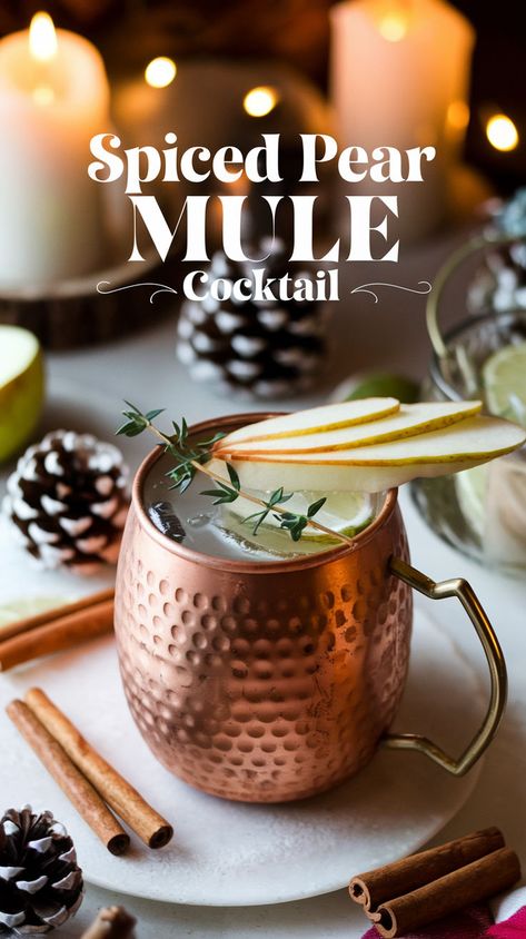 Discover the perfect Spiced Pear Mule Cocktail Recipe for your fall gatherings! This delightful twist on the classic Moscow Mule combines the warmth of spiced pears with refreshing ginger beer, making it an ideal choice for your Christmas party drinks. Explore unique cocktail recipes with our Pear Moscow Mule that will impress your guests. Perfect for cozy evenings, this recipe for fall is a must-try among fall cocktails recipes. Elevate your cocktail game with this spiced pear sensation! Spiced Pear Moscow Mule, Pear Mule Recipe, Fall Mule Cocktail, Holiday Mule Cocktail, Christmas Mule Cocktail, Pear Cocktail Recipes, Pear Moscow Mule, Spiced Pear Cocktail, Christmas Mule