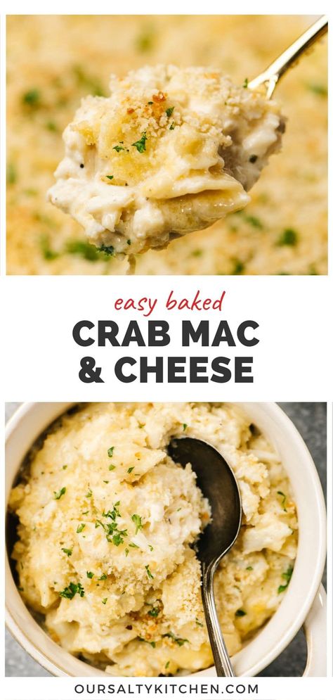 Looking for the perfect holiday side dish? Crab mac and cheese delivers! Cozy but fancy, crunchy and creamy, baked macaroni and cheese with crabmeat is the perfect reason to splurge (a little, or a lot - we've got options!). This Christmas casserole is a family favorite that's loaded with crab meat, melty cheese, and plenty of Old Bay. Perfect for Christmas dinner or brunch, or any occasion that calls for celebration food. It feeds plenty, so come hungry! #crab #macndcheese #christmas Creamy Baked Macaroni And Cheese, Crab Casserole, Christmas Casserole, Crab Mac And Cheese, Celebration Food, Fast Easy Dinner, Baked Macaroni And Cheese, Crab Dishes, Holiday Side Dish