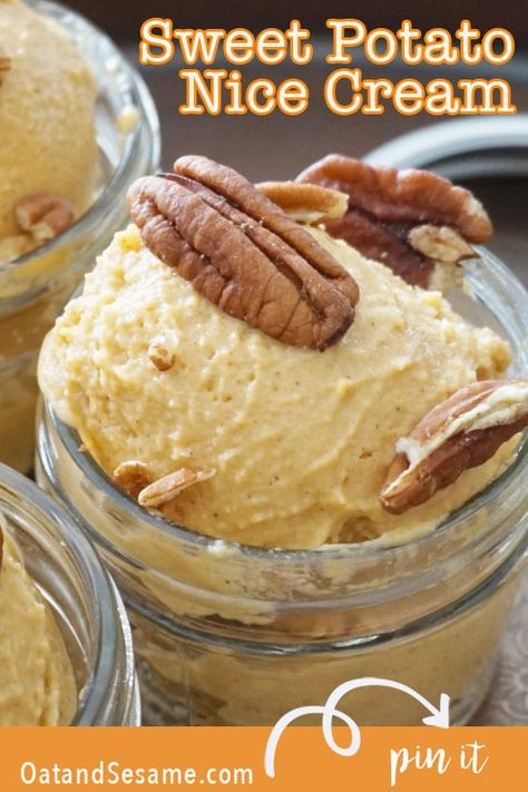 Sweet Potato Ice Cream - it's just like pie and dairy free! Try it with purple sweet potatoes for a purple ice cream! | #VEGAN | #HEALTHY DESSERTS | #Recipes at OatandSesame.com Sweet Potato Ice Cream, Potato Ice Cream, Purple Ice Cream, Vegan Nice Cream, Ice Cream Vegan, Healthy Sweet Potato, Dairy Free Treats, Low Carb Snack, Purple Sweet Potatoes