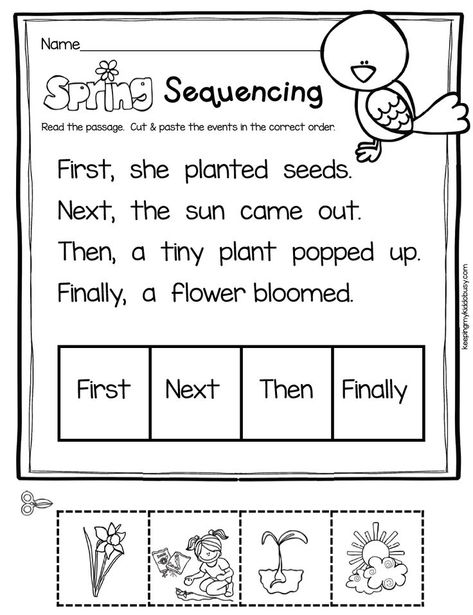 KINDERGARTEN sequencing - put the story in order cut and paste - reading worksheets for spring - no prep activities #kindergarten #kindergartensightwords #kindergartenreading Spring Sequencing Activities, Sequence Worksheets Kindergarten, Spring Worksheets For Kindergarten, Kindergarten Sequencing, Kindergarten Sequencing Worksheets, Spring Activities For Kindergarten, Sequence Activities, Sequencing Kindergarten, Sequence Of Events Worksheets