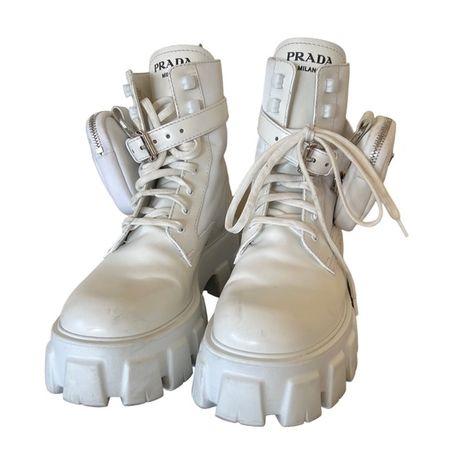 PRADA Monolith Leather and Re-Nylon Boots with pouch Boots With Pouch, Prada Monolith, Zippered Pouch, Prada Shoes, Dream Shoes, Zipper Pouch, Combat Boots, Block Heels, Prada