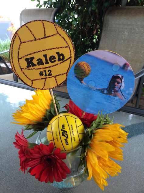 Water polo centerpiece Water Polo Game Signs, Water Polo Party Decorations, Water Polo Decorations, Water Polo Centerpieces, Water Polo Banquet Ideas, Water Polo Senior Night, Volleyball Party Decorations, Cheer Chants, Senior Brunch