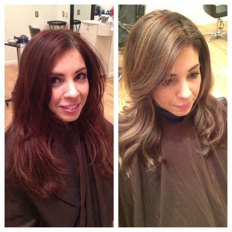 Before and after! From dark red to perfect natural brown with ombré and balayage highlights. Spring hair! Hair by Jamie Millmather. Red To Light Brown Hair Before And After, Red Hair To Brown Before And After, Red To Brown Hair Before And After, Red Brown Balayage, Brown Balayage Highlights, Curly Natural Curls, Dark Red Brown, Ash Hair Color, Creative Hair