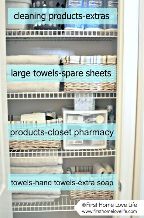 By designating each shelf to a different cause (first-aid supplies, clean towels) you'll always know where to look for the cold medicine when you start to get the sniffles or guest towels when your family is staying over. See more at First Home Love Life »  - GoodHousekeeping.com Ideas Armario, Cleaning Challenge, Organized Closet, Linen Closet Organization, Hall Closet, Organize My Life, Bathroom Closet, Bathroom Diy, Decoration Tips