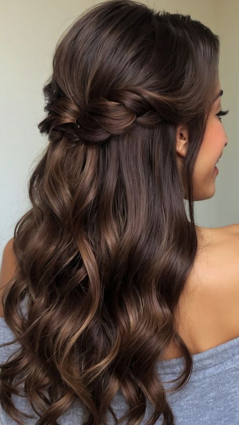 Looking for inspiration for party hairstyles From easy to medium long to short hair formal to disco styles - we've got you covered Explore 90s hair trends simple wedding hair ideas and Western dress hairdos for all occasions Find the perfect look for your next event Dark Brown Bridal Hair, Winter Formal Hairstyles Medium, Formal Hair Curls, Brown Hair Wedding Hairstyles, Hair For A Party, 90s Hair Trends, Wedding Half Up Half Down, Wedding Hair Half Up Half Down, Party Hairstyles For Short Hair