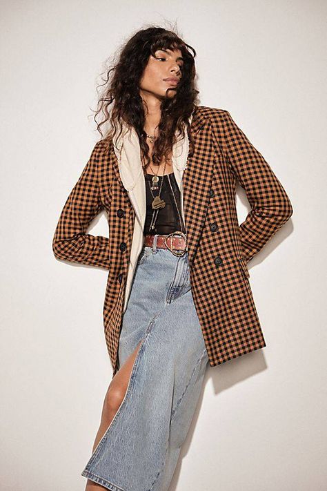 How to Wear Snakeskin Boots for Fall and Winter | Who What Wear Checkered Blazer, Free People Style, Free People Jacket, Checked Blazer, Free People Denim, Denim Midi Skirt, Plaid Blazer, Blazer Fashion, Knit Jacket