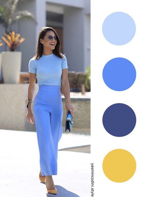 Now Trending Outfits 2023, Pop Of Color Office Outfits, Combo Outfits Women, Color Blocking Outfits Pastel, Color Block Work Outfits, Cerulean Blue Outfit Color Combos, Cornflower Blue Pants Outfit, Unexpected Color Combinations Outfits, Colors That Go With Yellow Clothes