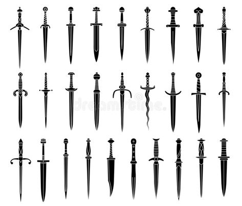 Set of Simple Monochrome Images of Medieval Dagger and Dirk. Stock Vector - Illustration of cold, white: 159341851 Medieval Dagger, Dagger Drawing, Fantasy Dagger, Knife Patterns, Types Of Swords, Dagger Tattoo, Cool Swords, Simple Illustration, S Tattoo