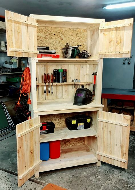 Pallet Storage Cabinet, Skid Projects, Pallet Cabinets, Tools For Woodworking, Diy Garage Storage Cabinets, Rustic Cabinet, Pallet Cabinet, Working With Wood, Workbench Plans Diy