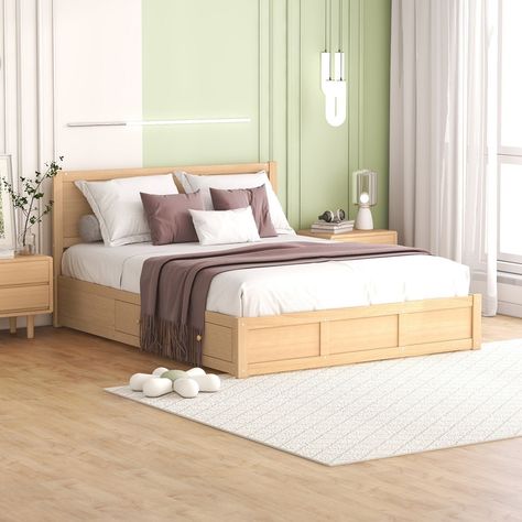 Simple and natural, the wood platform bed with storage will make a lasting impression in your room. Sturdy wood frame construction and a wooden slat system to add extra stability and safety. Queen Size Platform Bed, Wood Colour, Solid Wood Platform Bed, Platform Bed With Storage, Queen Platform Bed, Beds And Headboards, Wood Platform Bed, Wood Beds, Platform Bed Frame