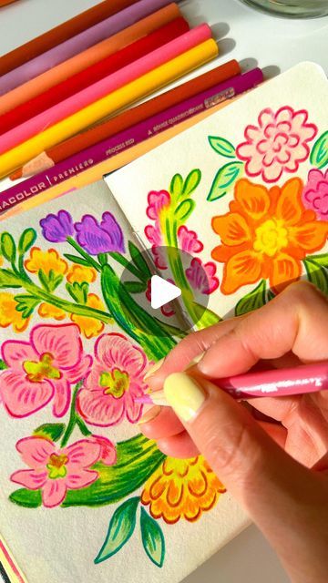 Pencil Colors Drawings, Flower Drawing With Color, Color Pencil Flowers, Colored Pencil Doodles, Pencil Flowers, Colorful Drawing, Drawing Sketchbook, Doodle Coloring, 2024 Color