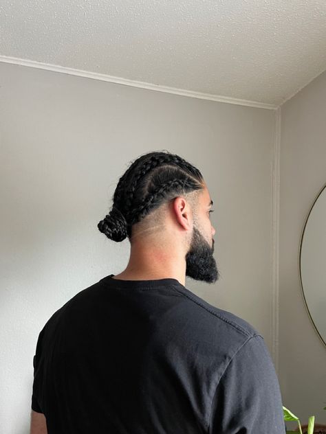 Mens braided bun Braids On Men Long Hair, Mens Braided Bun, Men Bun Braids, Afro Man Bun, Guy Braids Men Hairstyles Long Hair, Undercut Braids Hairstyles Men, Braided Men’s Style, Men’s Simple Braids Hairstyles, Long Braids Men