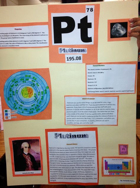 Element poster. Excellent source of student driven learning. Sometimes they really get into it. Adopt An Element Project, Element Project Model, Platinum Element, Bismuth Element, Periodic Table Project, Science Fair Projects Boards, Chemistry Posters, Element Project, Chemistry Projects