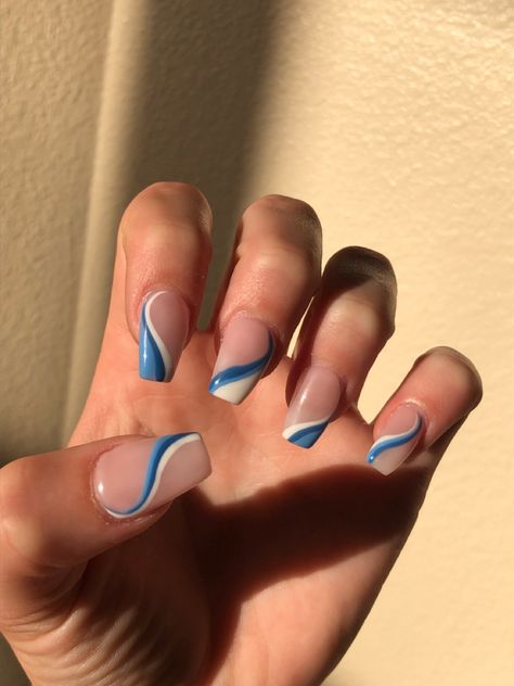 Simple Stripe Nails, Stripe Acrylic Nails, Striped Nail Designs, Stripped Nails, Striped Nails, Blue Tone, Acrylic Nails Coffin, Nude Pink, Blue Tones