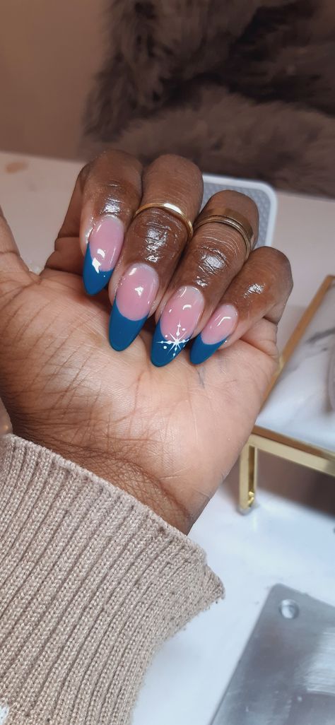 Two Color Blue Nails, Blue French Nails With Snowflakes, Blue Winter Acrylic Nails, Blue And White Snowflake Nails, Blue Winter Nails Snowflakes, Chanukah Nails, December Almond Nails, Blue Xmas Nails, Blue Christmas Nails Winter