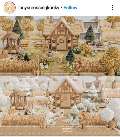 Coastal Acnh, Achn Ideas, Winter Acnh, Cottage Core Animal Crossing, Acnh Winter, Acnh Christmas, Fishing Cabin, Acnh Ideas, Instagram Autumn