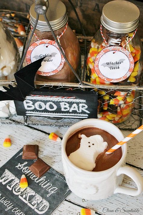 Halloween hot chocolate bar. Lots of other tips and tricks to help you create a fun hot chocolate bar for any season or event. Fall Hot Chocolate, Coffee Bar Hutch, Fun Halloween Drinks, Halloween Eats, Kindness Club, Hot Cocoa Cookies, Cocoa Drink, Halloween Monsters, Halloween Bar