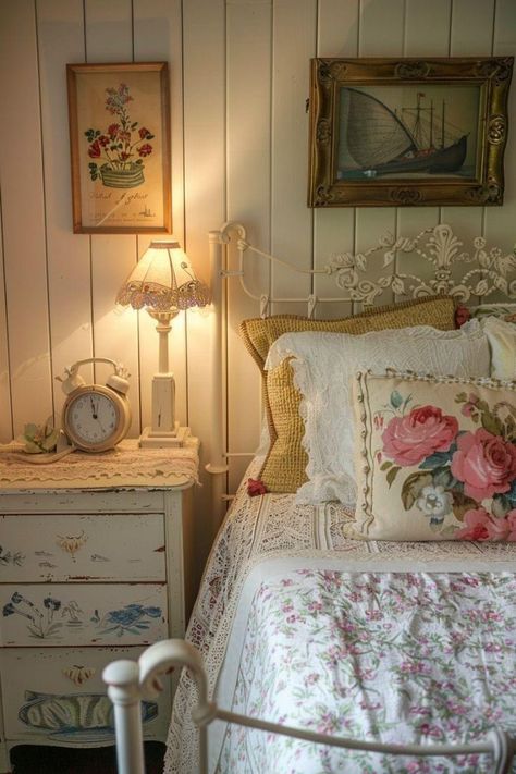 Pastel Inspiration, Cottage Bedrooms, Cozy Homes, Core Design, Dekorasi Kamar Tidur, Dream Cottage, Vintage Bedroom, Dream House Rooms, Granny Chic