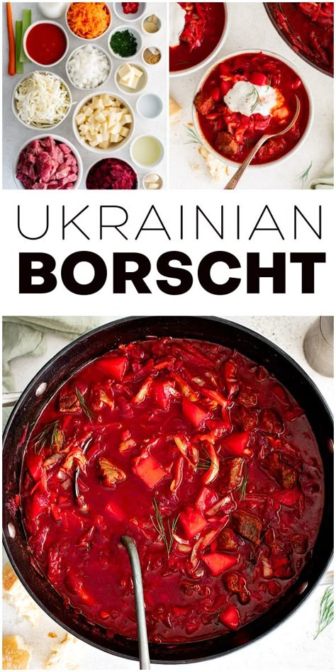 Homemade Borscht Soup, Borsht With Chicken, Easy Borscht Recipe, Russian Beet Recipes, Beef Borscht Soup Recipe, Crockpot Borscht Soup, Polish Beet Soup Borscht Recipe, Borsht With Beef, Borscht Soup Recipe Ukraine