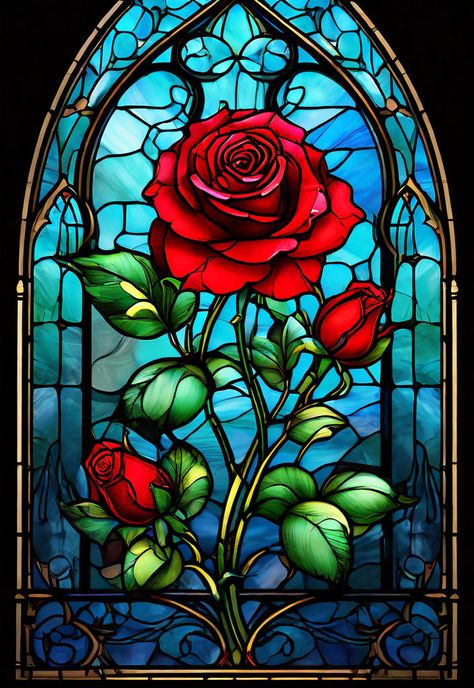 Beauty And The Beast Stained Glass, Beauty And The Beast Stained Glass Art, Red Flower Drawing, Enchantress Dress, Beauty And The Beast Art, Stained Glass Tattoo, Disney Stained Glass, Beauty And The Beast Rose, Blue Roses Wallpaper