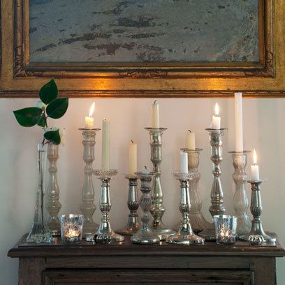 Silver candlestick holders on table: Displaying Candles Ideas Crystal Candlesticks Decorating With, Decorating With Candlesticks, Candle Display Ideas, Candle Stick Decor Ideas, Italy Bedroom, Candlestick Display, Crystal Candle Sticks, Decorating With Candles, Display Collections