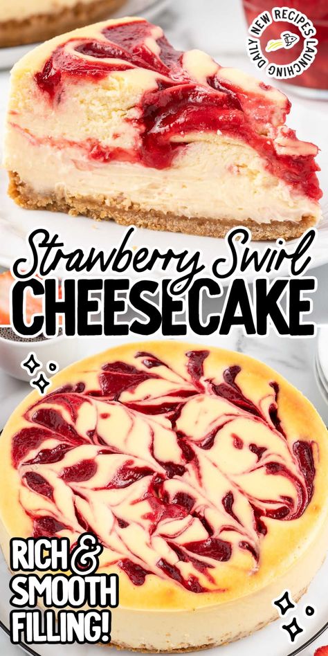 Strawberry Swirl Cheesecake Recipe, Comfort Deserts, Strawberry Cheesecake Recipe Easy, Cheesecake Strawberries, Strawberry Swirl Cheesecake, Birthday Cheesecake, Strawberry Cheesecake Recipe, Homemade Graham Cracker Crust, Bday Dinner