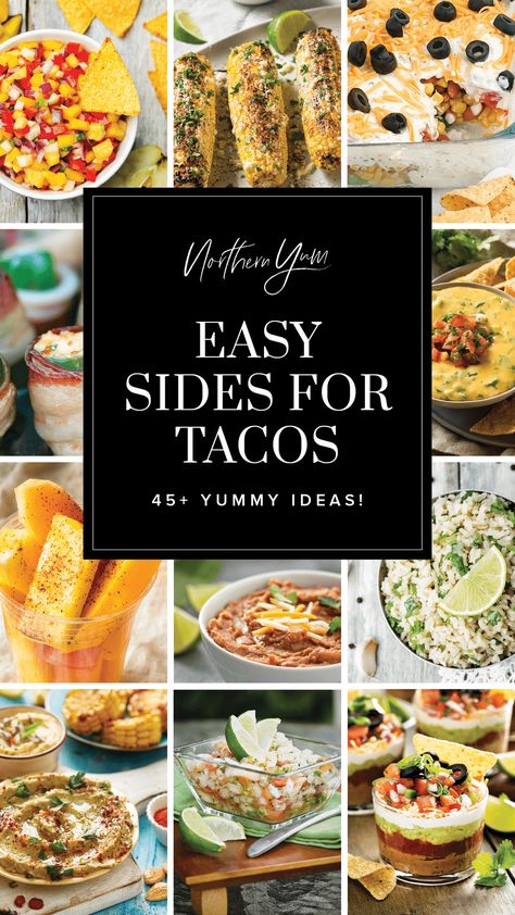 Over 45 of the best sides for tacos, you're sure to find the perfect side dish for your next taco night! Bonus - they're all easy! Cinco De Mayo Side Dishes, Pitch In Ideas, Sides For Tacos, Side Dishes Party, Taco Night Ideas, Sides With Tacos, Cilantro Lime Quinoa, Taco Side Dishes, Mexican Side