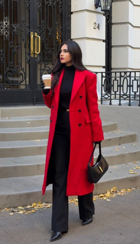 Red Coat Christmas Outfit, Christmas Outfit Ideas For Women Elegant, Winter Outfits With Red Coat, Red Trench Coat Outfit Winter, Red Long Jacket Outfit, Long Red Coat Outfit Winter, Pink And Red Winter Outfit, Fushia Coat Outfit, Winter Outfits Women Cold