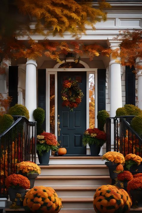 Fall front porch decorating. Mums. How to decorate a front porch for fall. Fall decorating. Autumn decor. Gorgeous front porch. Front porch fall decorating. halloween door Front Entrance Decor, Fall Flowers Garden, Fall Entryway, Porch Flowers, Fall Planters, Fall Front Porch Decor, Fall Flower Arrangements, Outdoor Holidays, Fall Front