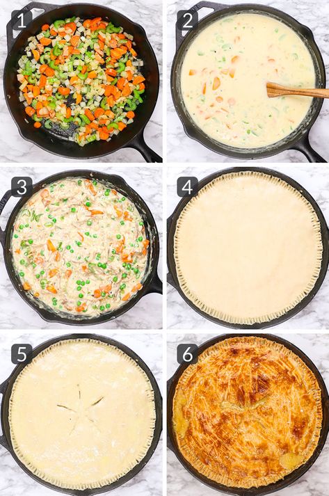 Skillet Chicken Pot Pie – Mess in the Kitchen Cast Iron Skillet Chicken Pot Pie With Biscuits, Chicken Pot Pie Recipe Cast Iron Skillet, Chicken Pot Pie In Cast Iron Skillet Easy Recipes, Easy Skillet Chicken Pot Pie, Pot Pie In Cast Iron Skillet, Skillet Chicken Pot Pie Casserole, Chicken Pot Pie One Crust, Chicken Pot Pie Cast Iron Skillet, Hi Jen Pot Pie