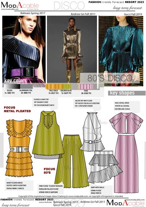 SS 23 trend Disco. - ModaCable Pleats Top, 80s Shorts, 80s Disco, Fashion Trend Forecast, Coctail Dresses, Fashion Forecasting, Pleated Trousers, Print Trends, Trend Forecasting