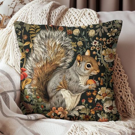 Squirrel Decor, Cottage Core Art, William Morris Inspired, William Morris Art, Tapestry Cushion, Night Owl, Owl Art, Art Nouveau Style, Animal Decor