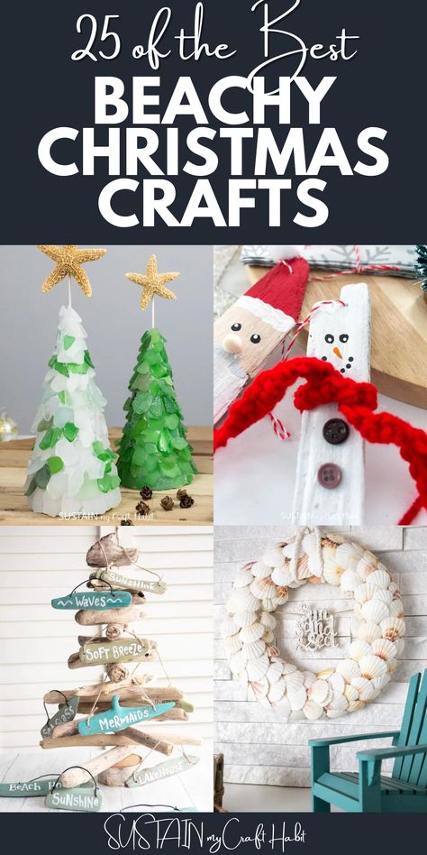 You want to decorate for Christmas- but you either live by the beach, or have a beach themed house. No problem! Beachy Christmas crafts here! #sustainmycrafthabit Beachy Christmas Ornaments Diy, Nautical Christmas Decor Diy, Holiday Shell Crafts, Beach Christmas Wedding, Coastal Christmas Crafts Diy, Beach Themed Christmas Decor, Beachy Christmas Crafts, Summer Christmas Crafts, Merry Christmas Beach