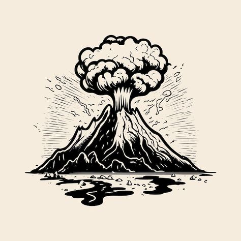 Volcano Drawing Simple, Volcano Eruption Drawing, Volcanic Eruption Drawing, Volcanic Eruption Illustration, Volcano Tattoos, Volcano Tattoo Minimalist, Volcano Doodle, Volcanoes Drawing, Volcano Sketch